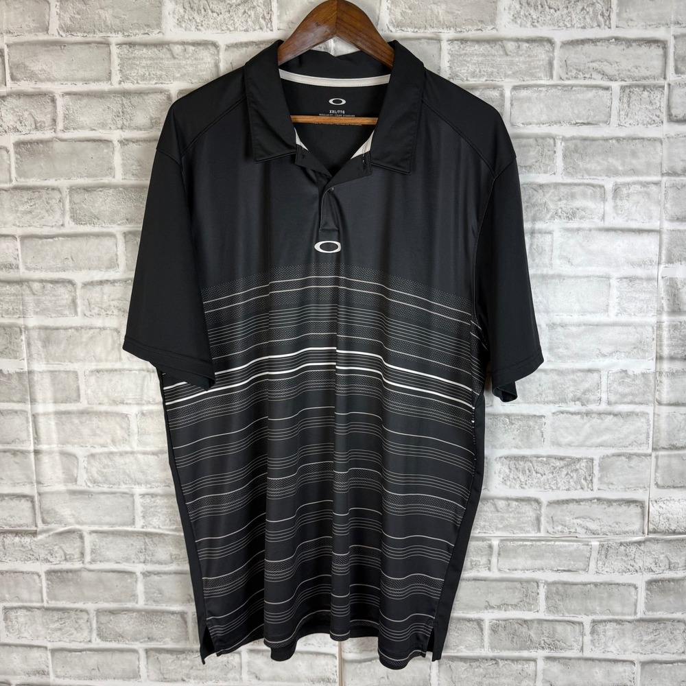 Oakley Mens Golf Polo Shirt Black White Striped Graphic Performance XXL Regular